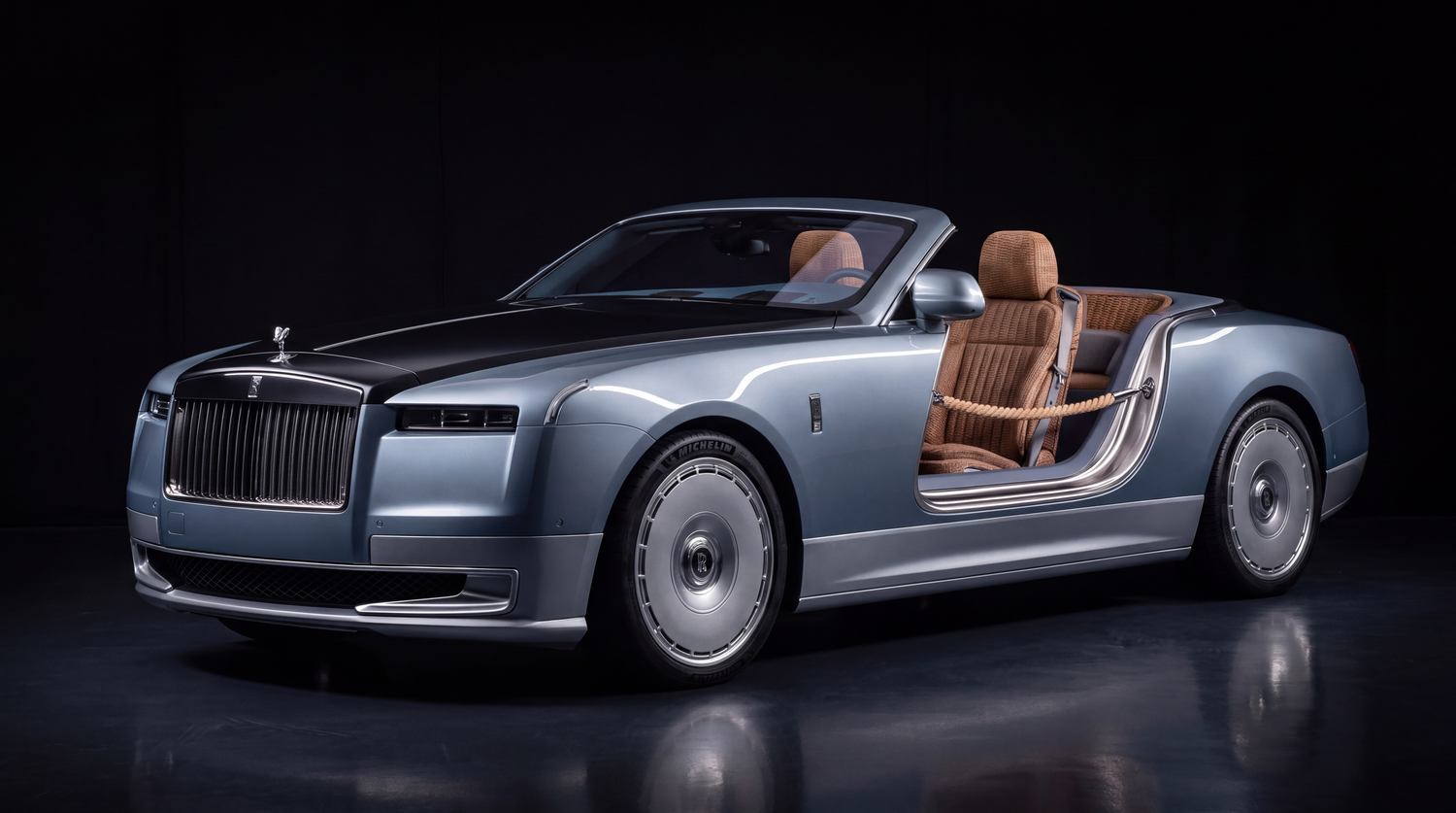 Rolls-Royce convertible luxury car in silver with tan interior, showcased against a dark studio background.