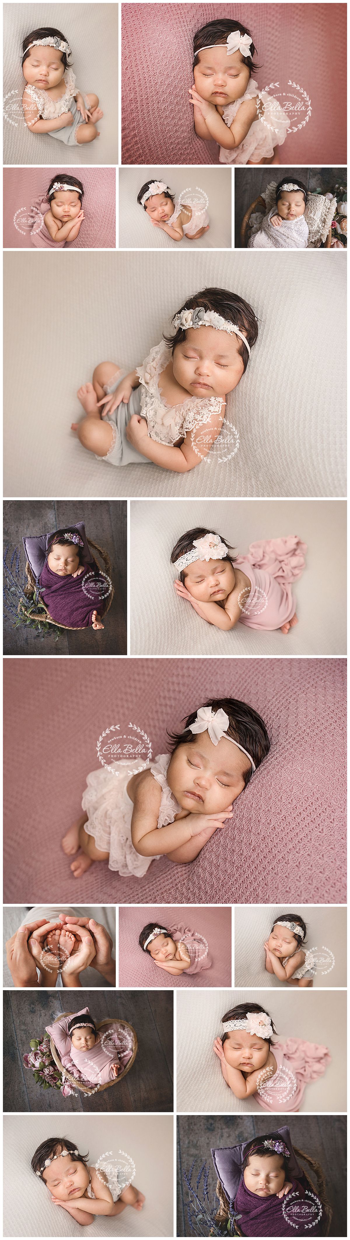 Newborn baby girl in pink and purple outfits with floral headbands, posed in professional studio photography collage.