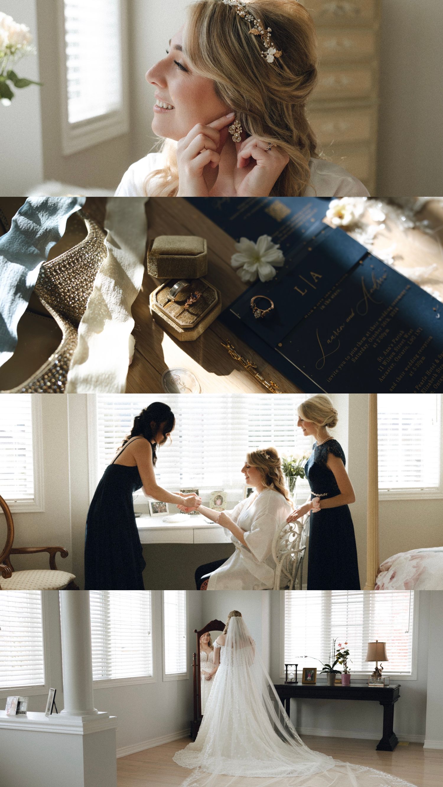 A collage of wedding preparation moments showing bridal accessories, getting ready scenes, and a flowing white veil in natural light.