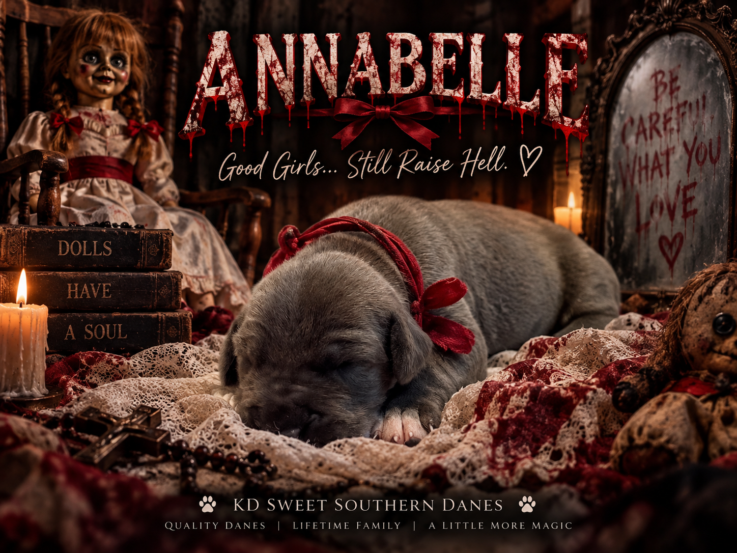 A sleeping gray Great Dane puppy with red bow beside Annabelle doll in spooky Halloween-themed KD Sweet Southern Danes promotional photo.