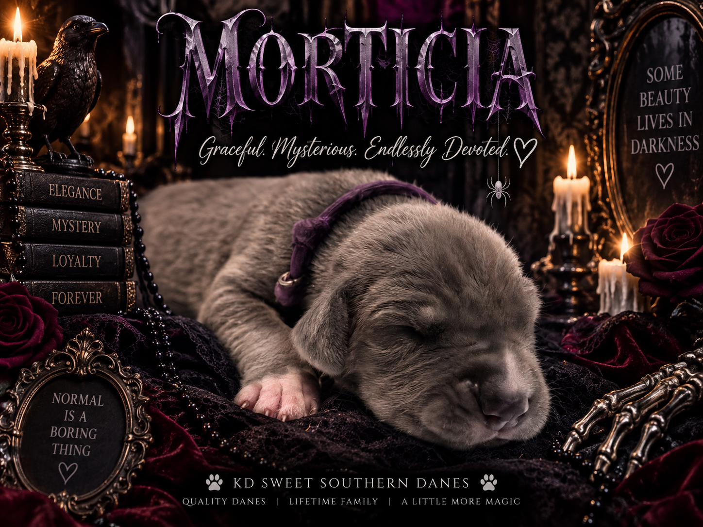 Newborn gray Great Dane puppy named Morticia sleeping on dark gothic backdrop with roses and candles.