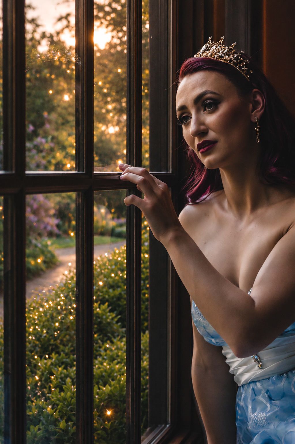 Red haired woman in an ornate floral brocade off-shoulder gown posing by a window looking out into a tranquil garden.