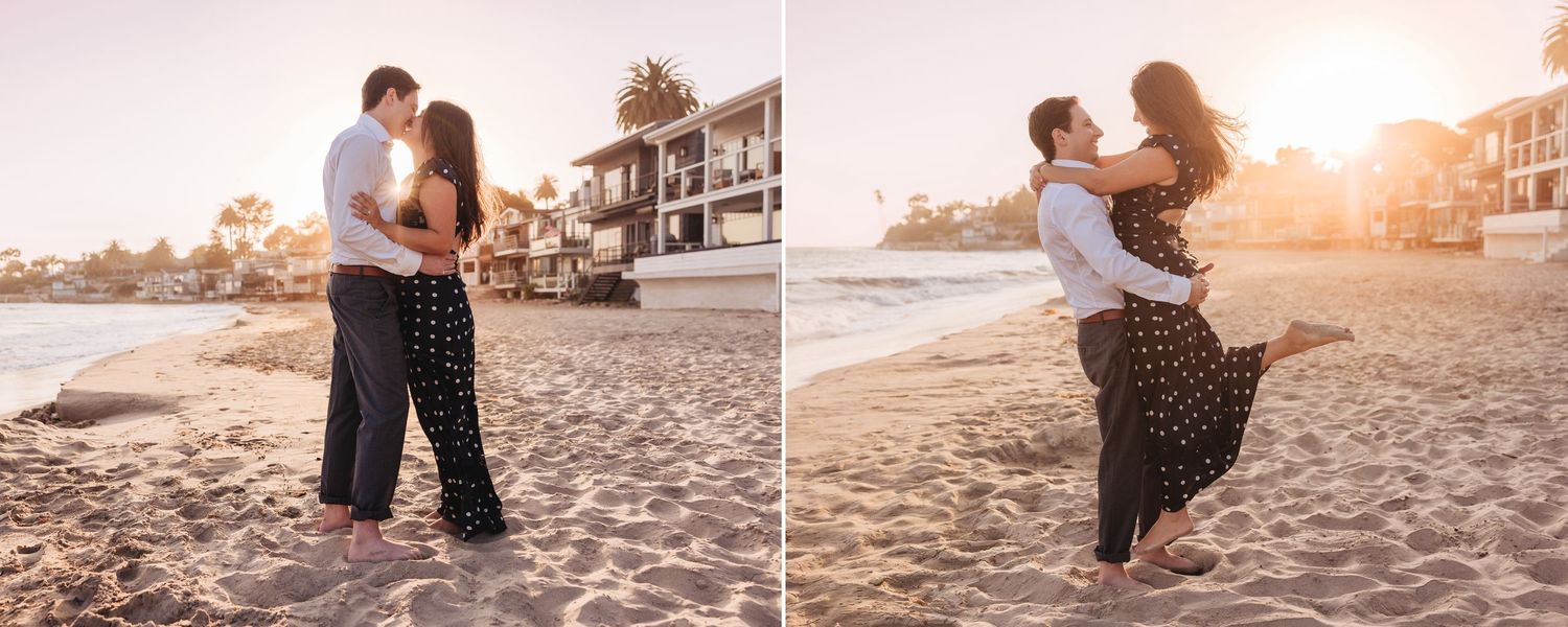 Romantic beach photography session features couple in casual attire at sunset.