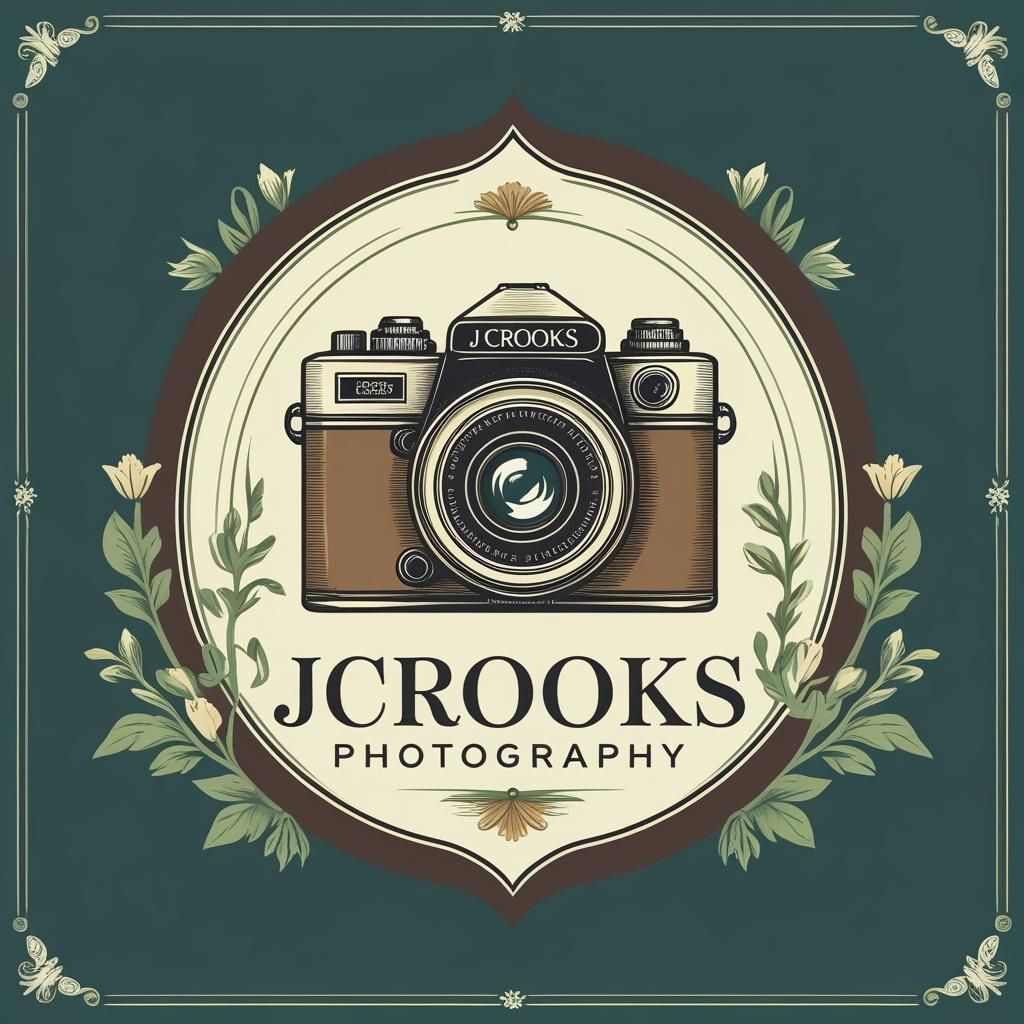 Brown photography logo design with camera icon on peach background.