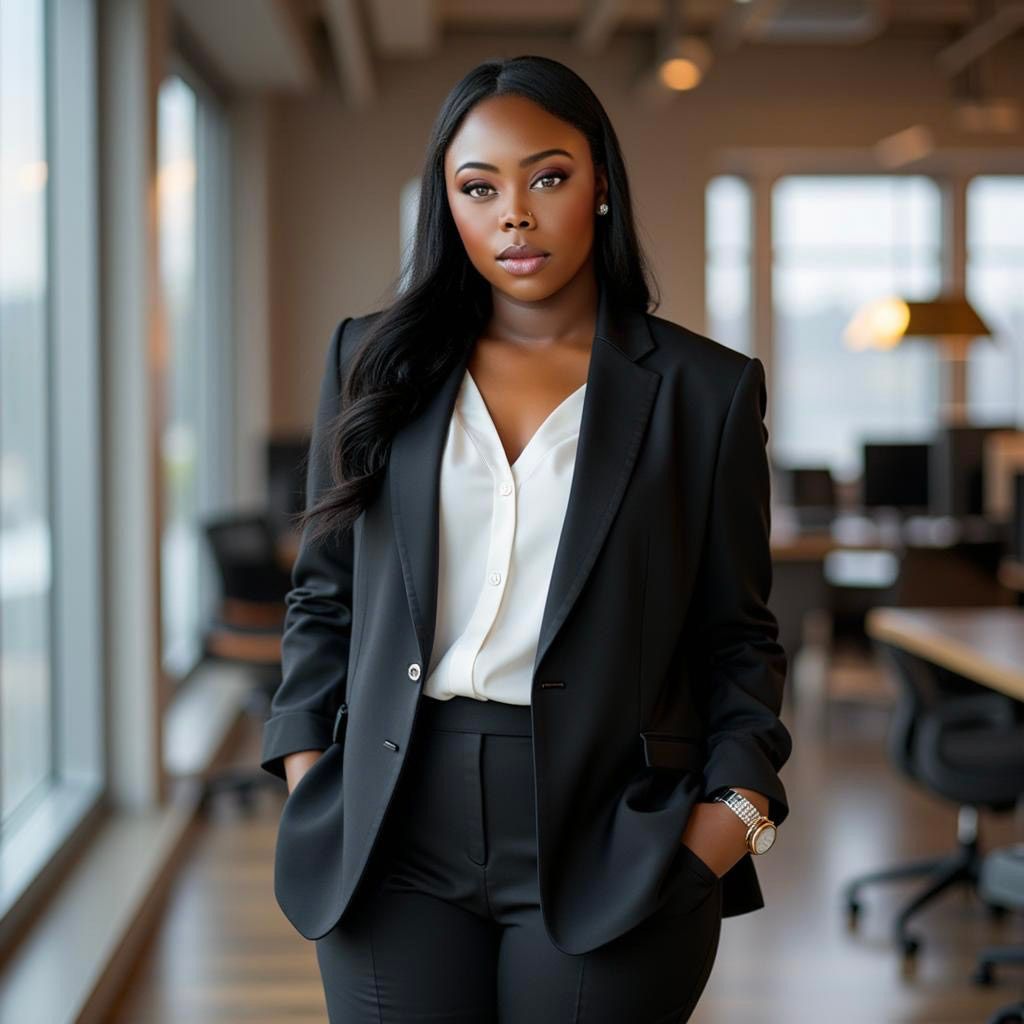 Professional woman in black blazer and white blouse standing in modern office space.
