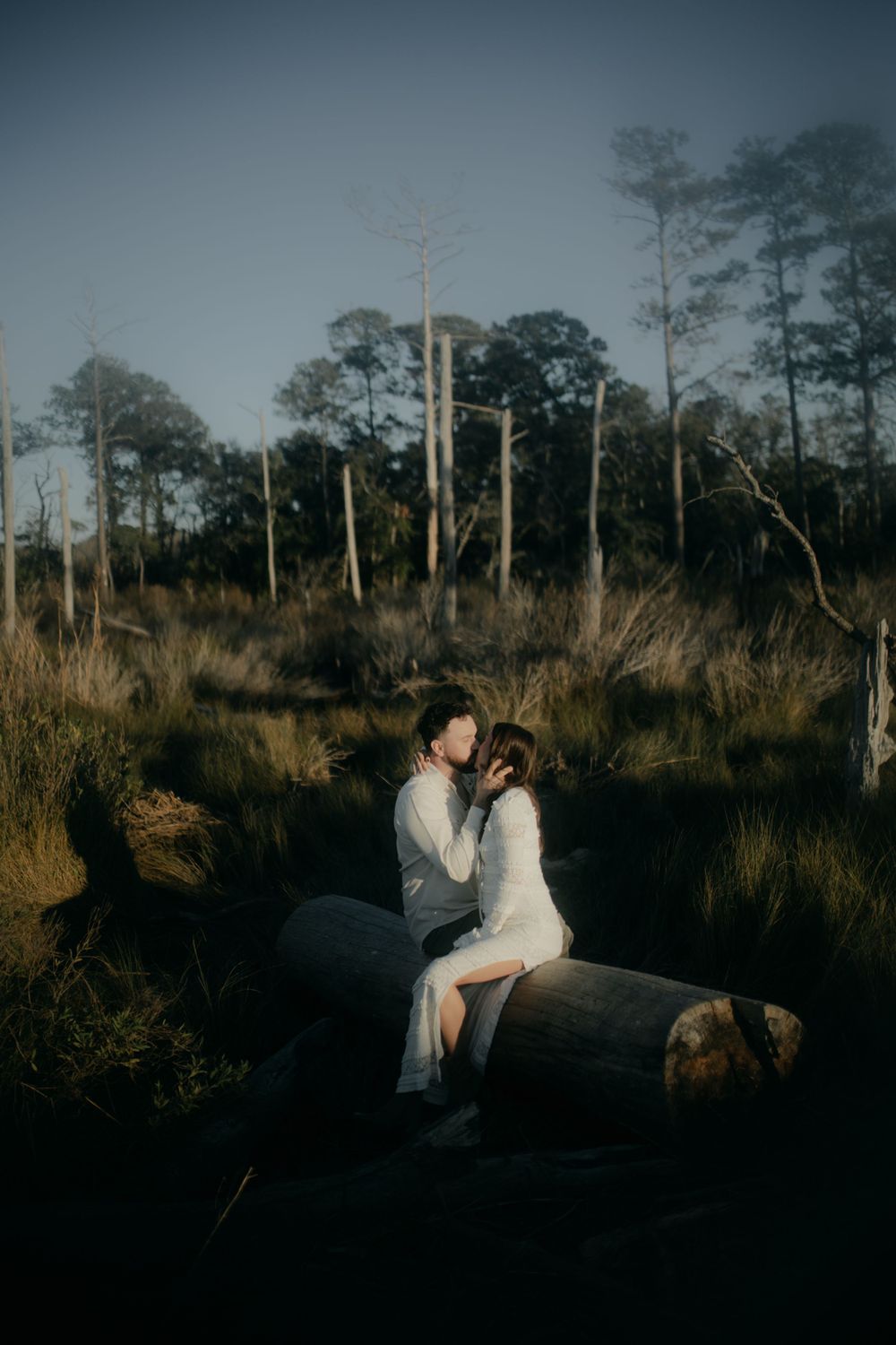 Moody twilight photo of two people embracing in a field with tall trees in background.
