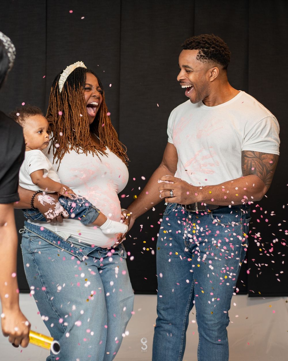 A couple in jeans and white shirts dancing together with colorful confetti falling around them in a sequence of photos.