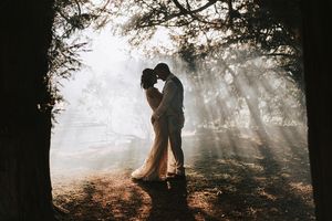 Silhouetted couples pose in dreamy forest light creating atmospheric wedding photography.