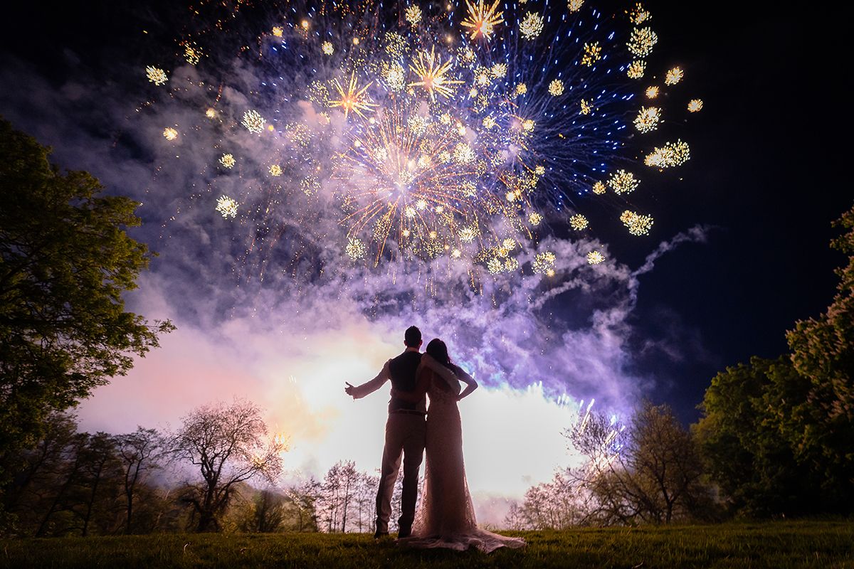 Stunning nighttime wedding photos with fireworks creating a magical backdrop in purple hues.