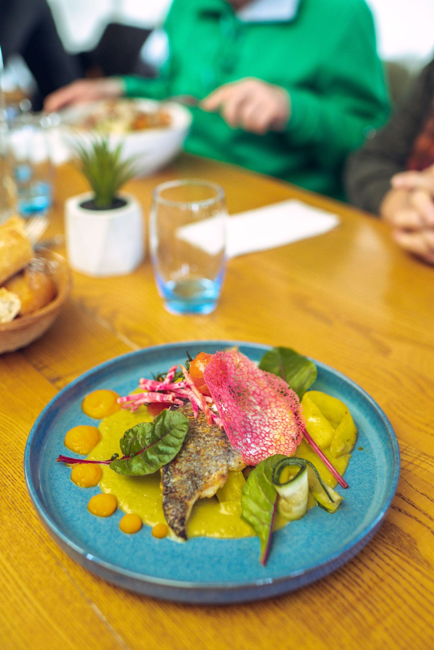 Beautifully plated dish with pink tuna, yellow sauce dots, and fresh herbs served on a turquoise ceramic plate.