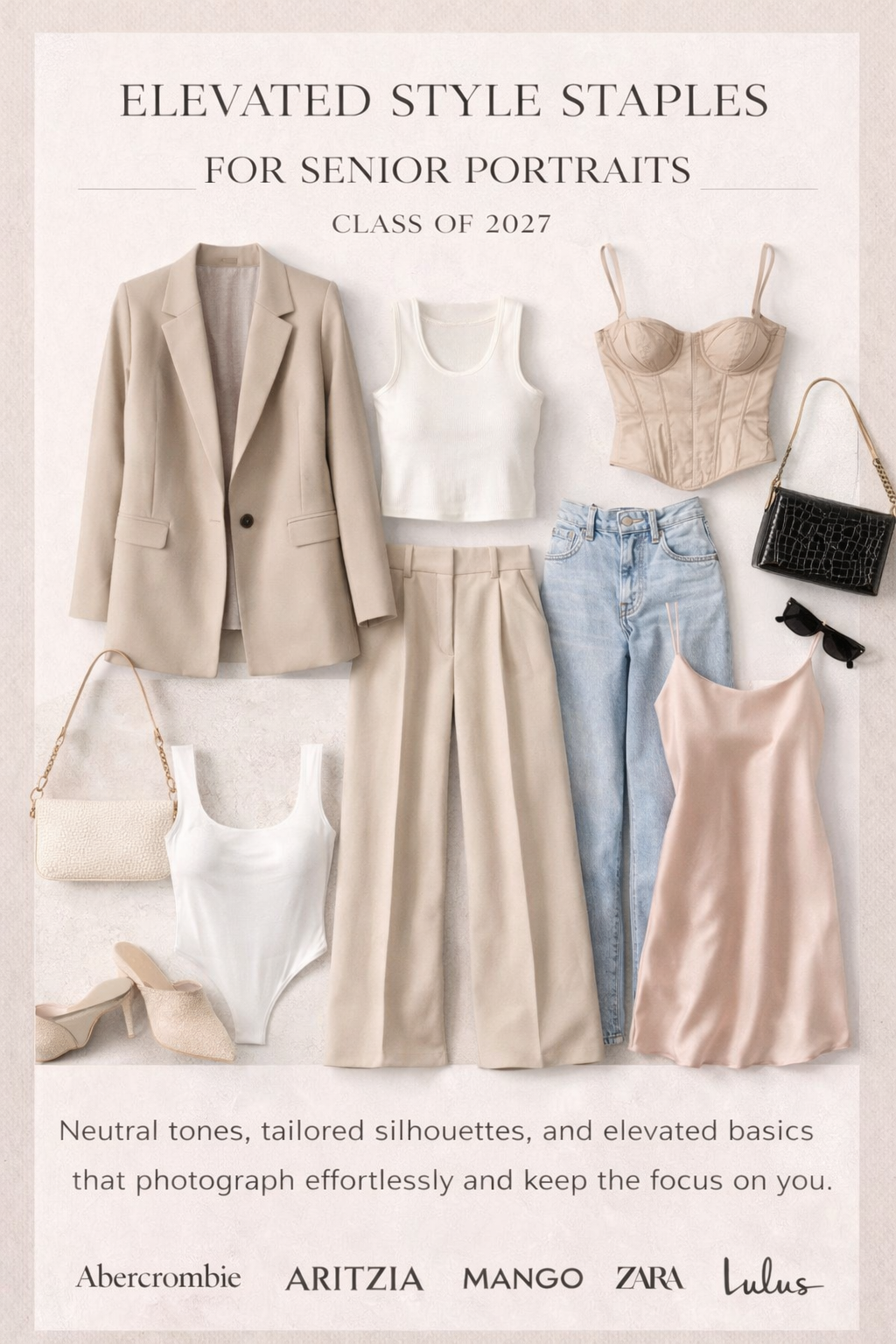 Fashion mood board showing neutral colored clothing items including beige blazers, silk tops, jeans and accessories for portraits.
