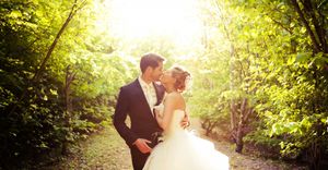 A series of romantic wedding photos captured in a sunlit wooded path with golden lighting.