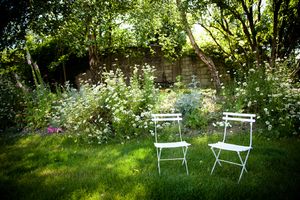 White garden chairs arranged in a tranquil backyard setting with lush greenery and dappled sunlight.