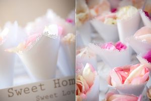 Soft pink and white rose petals with text reading Sweet Home in a dreamy romantic composition.