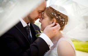 A romantic sequence of wedding photos showing tender moments between newlyweds in formal attire.