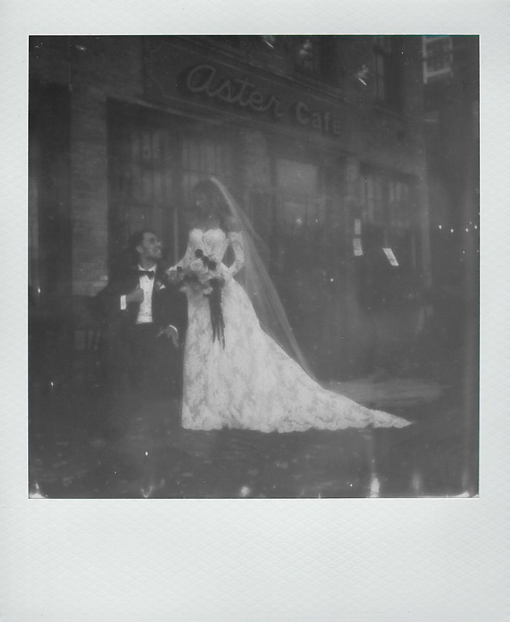 Four vintage black and white photographs showing ghostly figures in Victorian-era wedding dresses displayed in shop windows.
