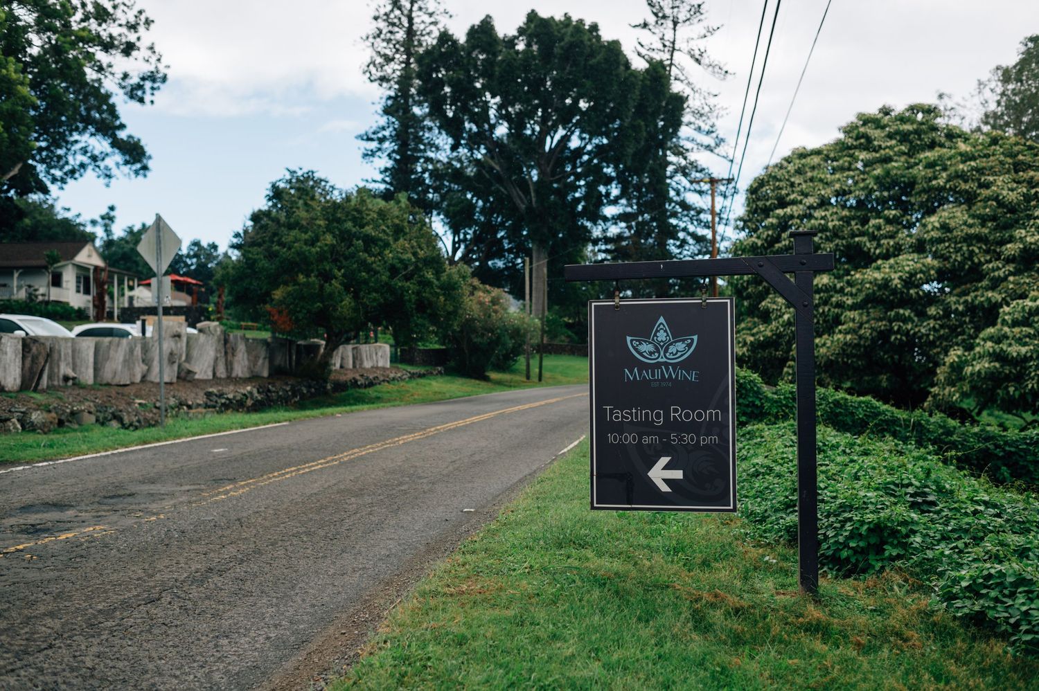 Winery entrance signs and driveway surrounded by lush greenery.