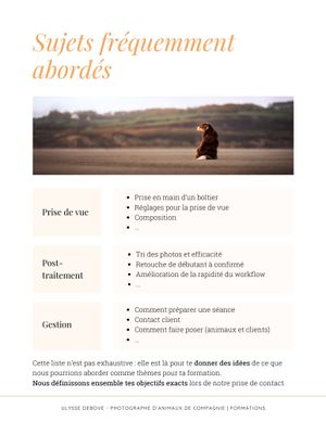 Training guide spread showing frequently asked topics with distant landscape photography examples.