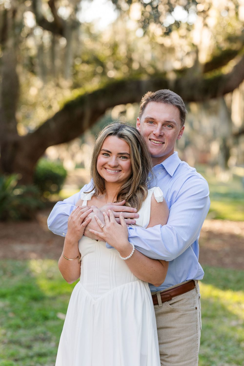 A romantic engagement photo sequence showing a couple embracing in a sunlit outdoor setting.
