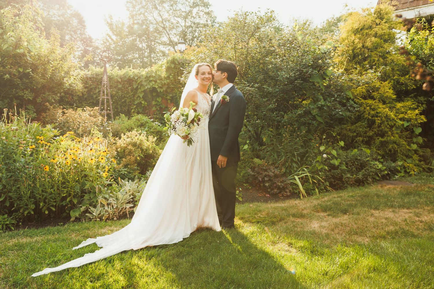 A series of wedding photos capturing golden hour moments in a beautiful garden setting.