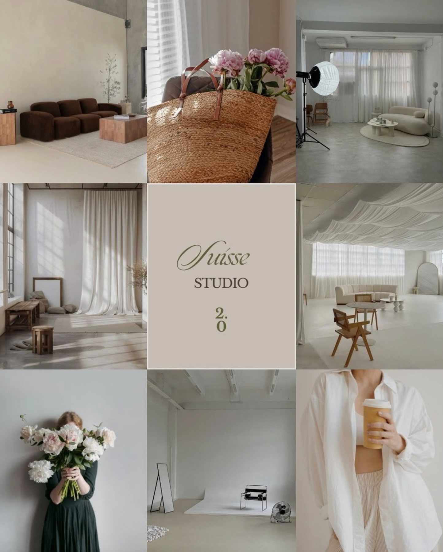 A collage of minimalist photography studio interior previewing the new Suisse Studio in Spring Texas for brand photography