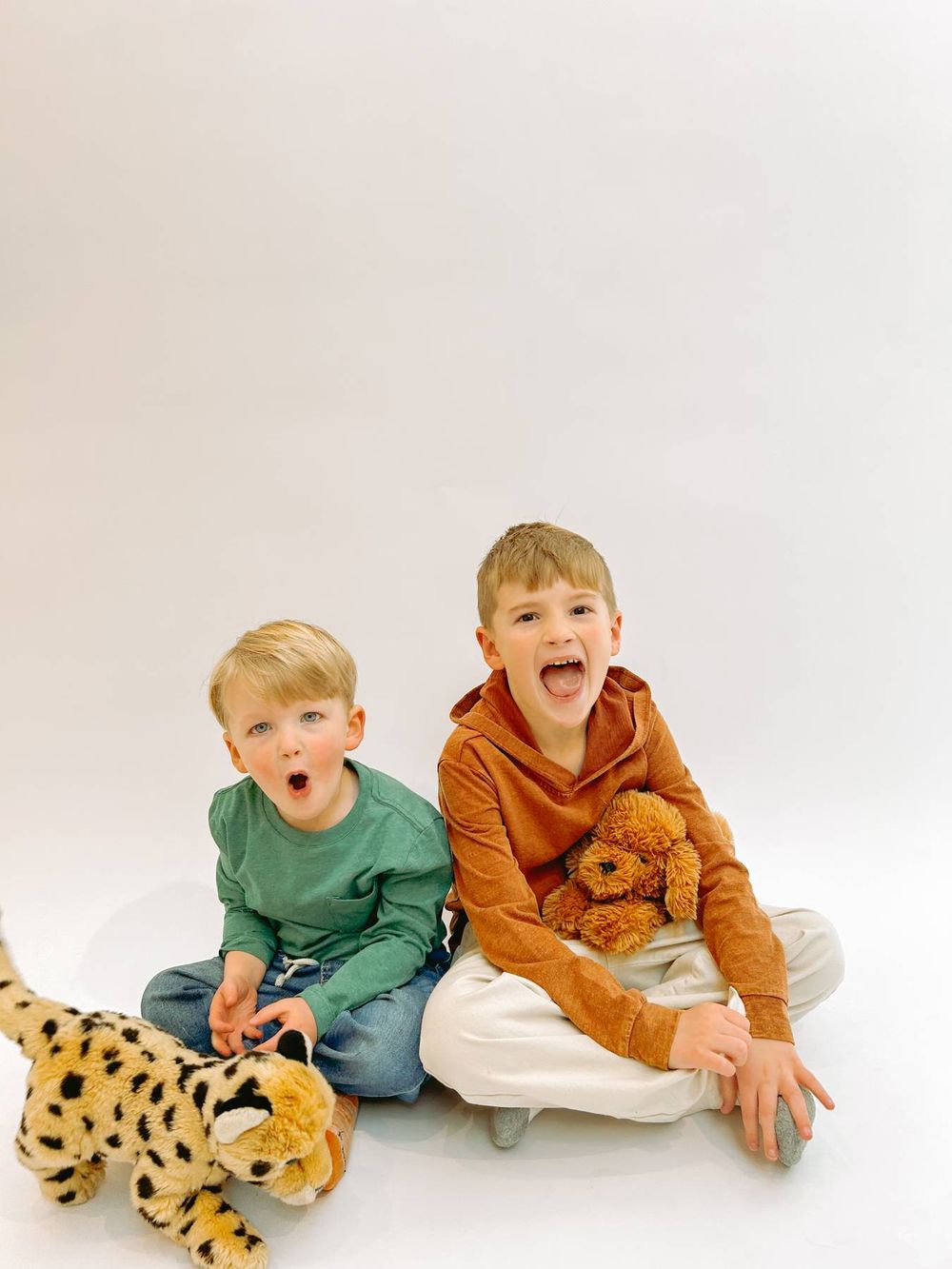 A sequence of photos showing playful interactions with a large stuffed leopard toy on a white background.