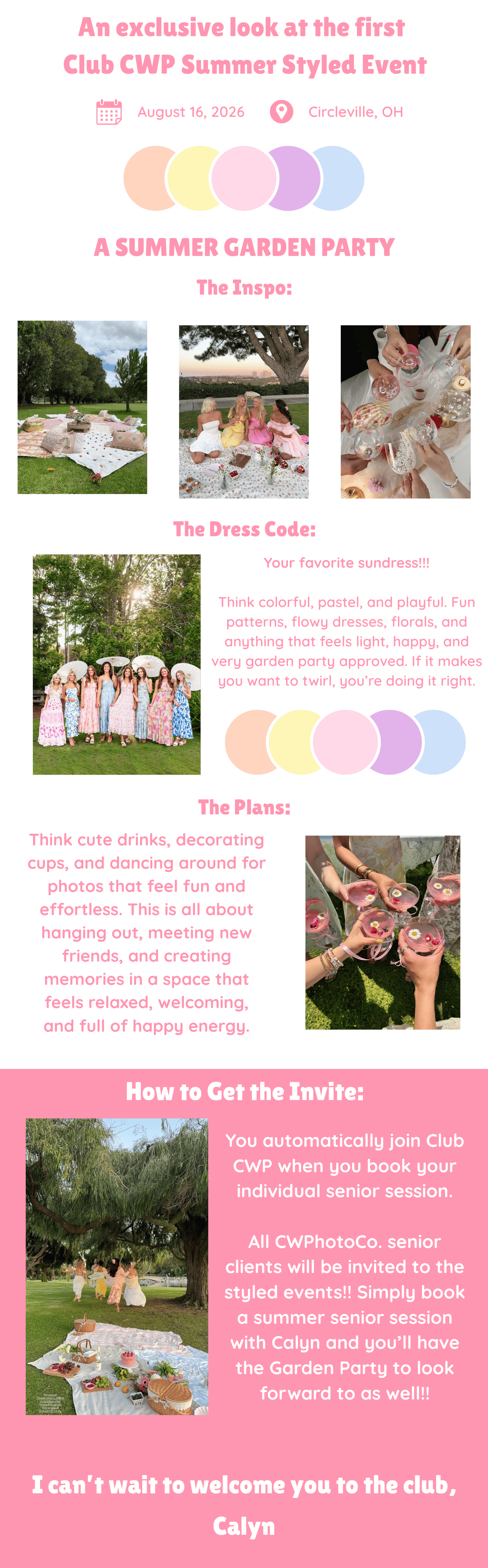 Pink and pastel themed summer garden party event announcement with photo collage showing outdoor activities and sundresses.