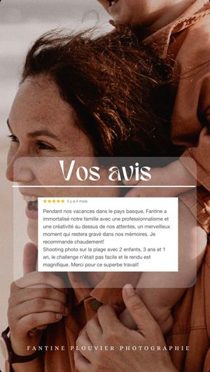 Customer feedback testimonials overlaid on warm-toned portrait photography.