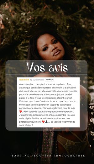 Client reviews and ratings displayed over artistic portrait photography.