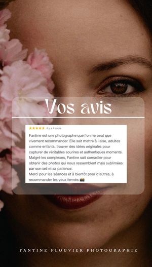 Client testimonial overlaid on a close-up portrait with pink floral elements.