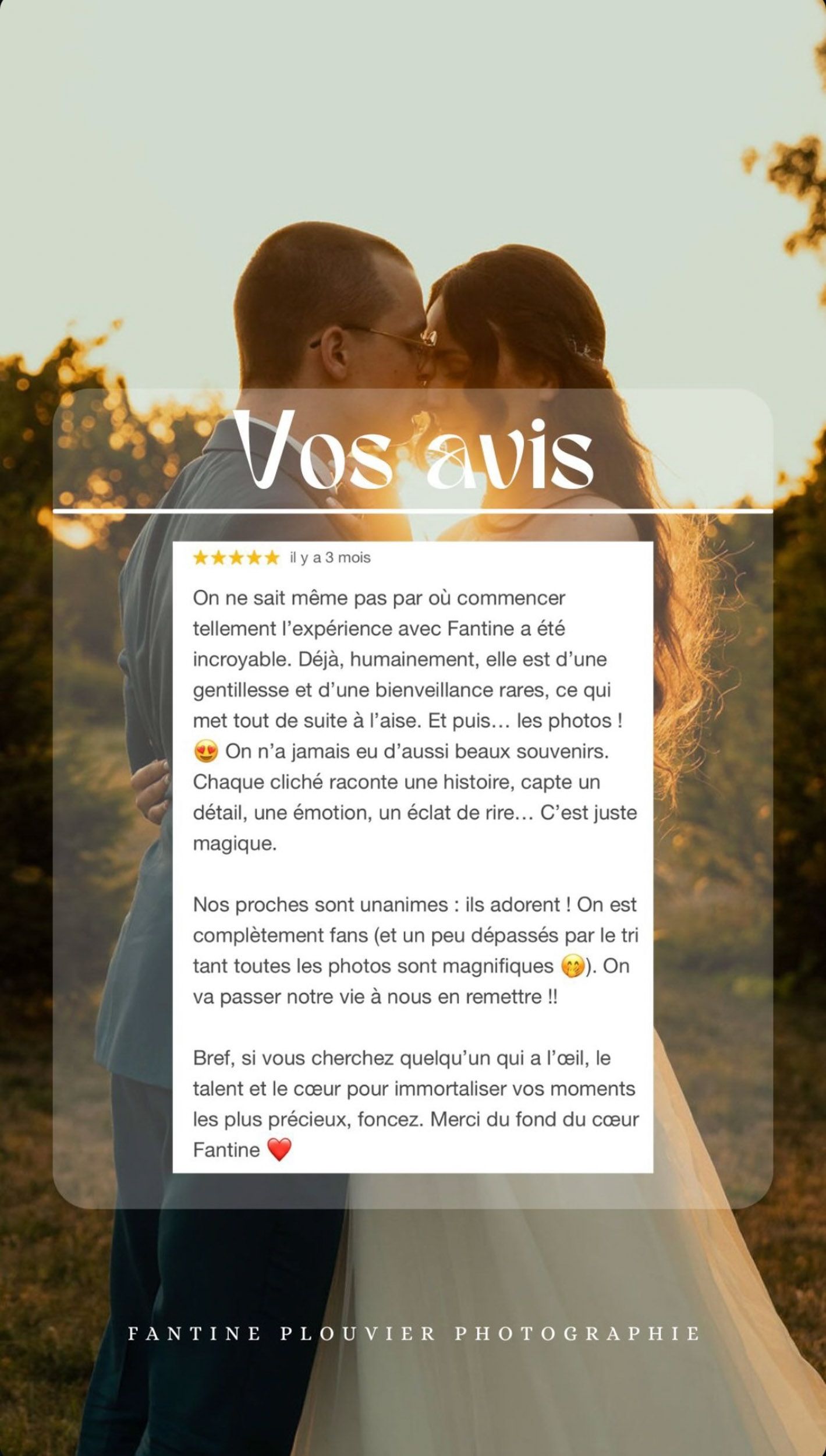 avis photographe fantine plouvier reportage mariage