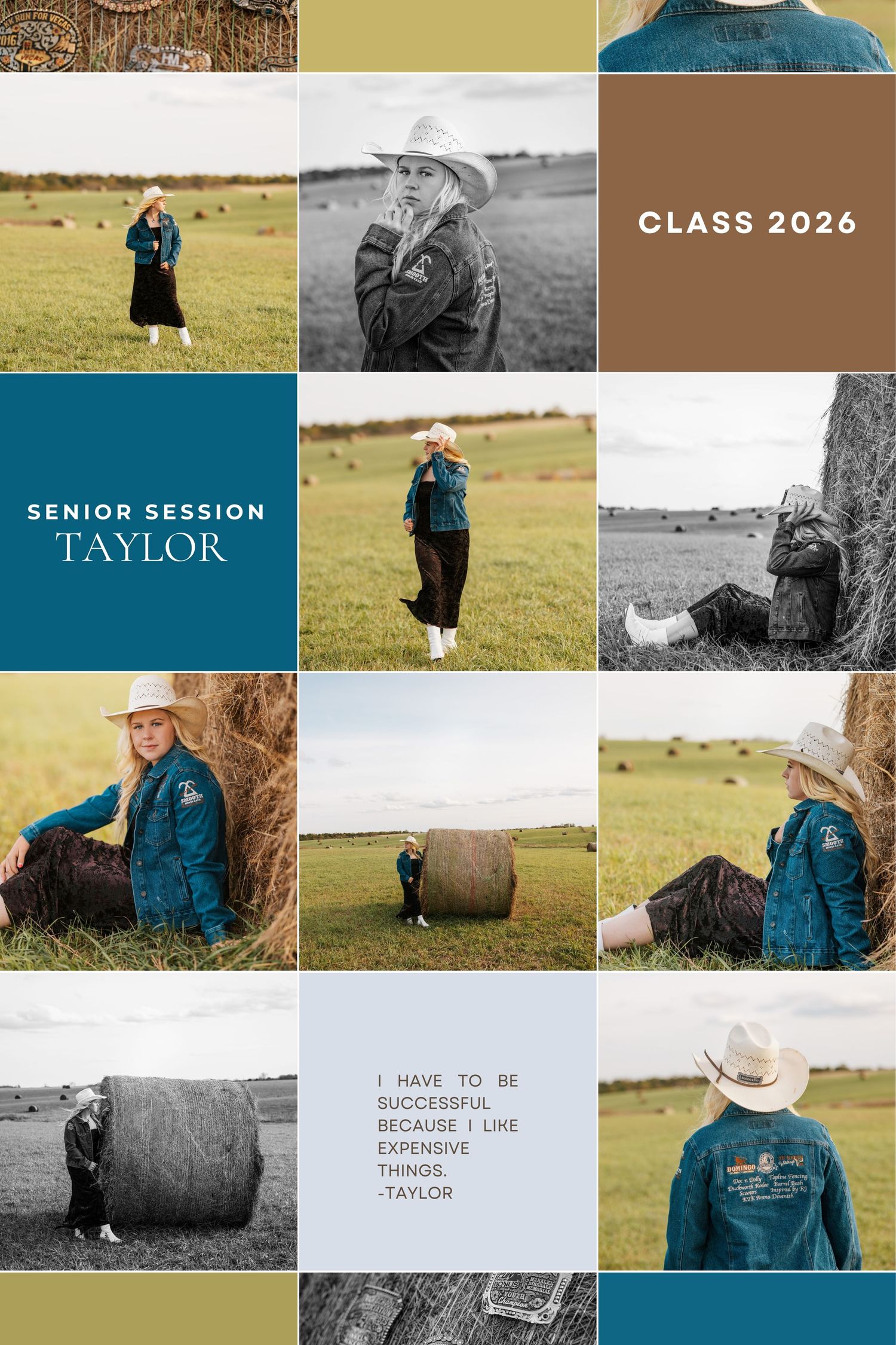A collage of senior portrait photos featuring outdoor settings with teal and brown color accents.