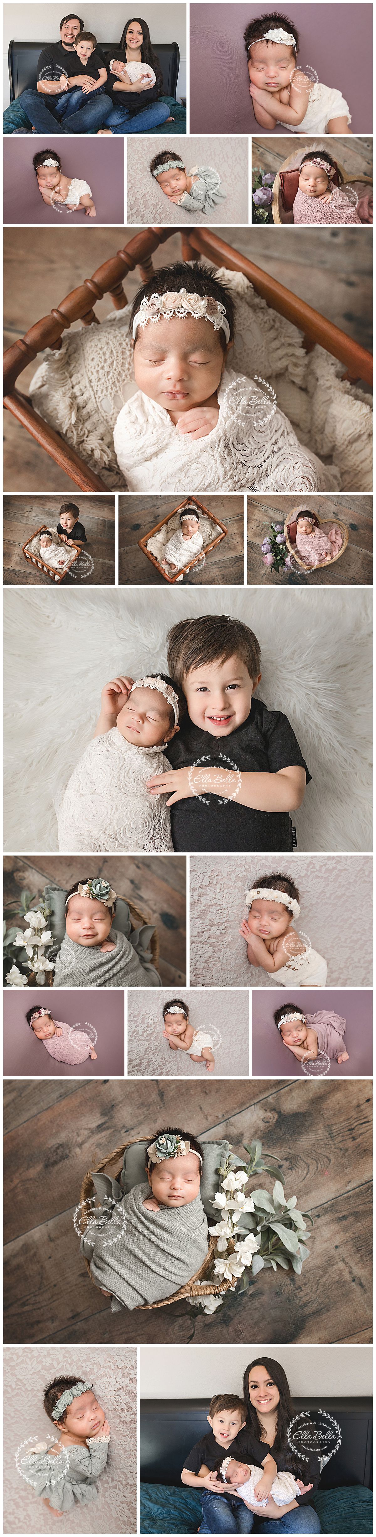 A collection of newborn photography portraits featuring delicate poses with lace, flowers, and family moments on textured backgrounds.