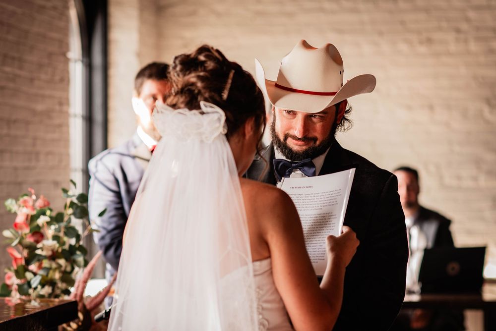 A bride reciting her vows to the groom at their wedding in Lindsay, Ontario.