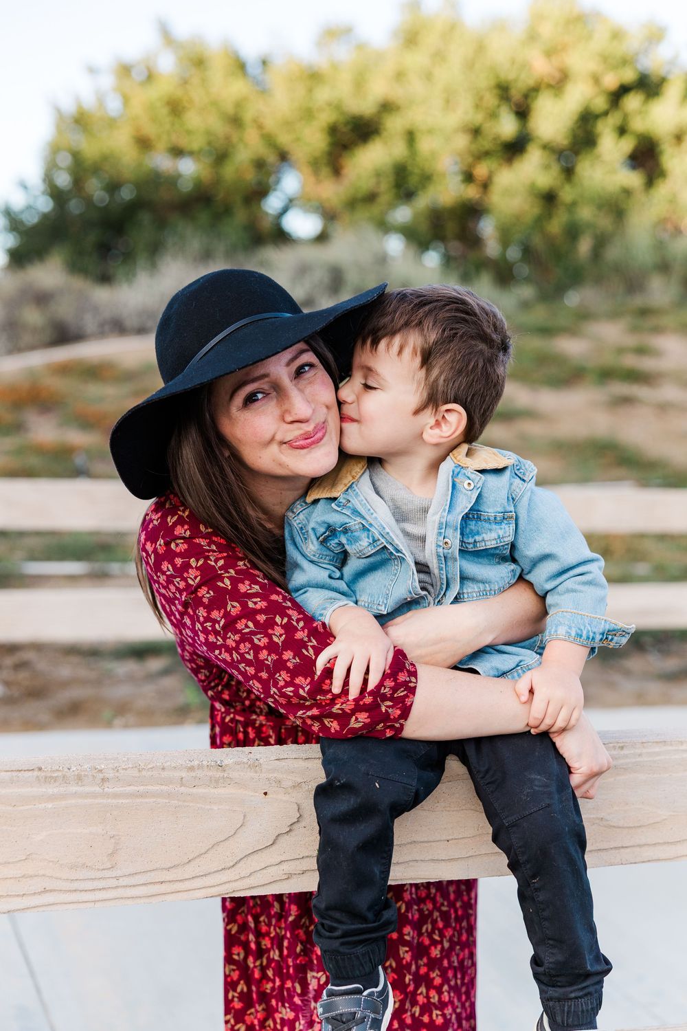 A touching outdoor family moment captured in a series of candid photos showing affection and bonding on a wooden bench.