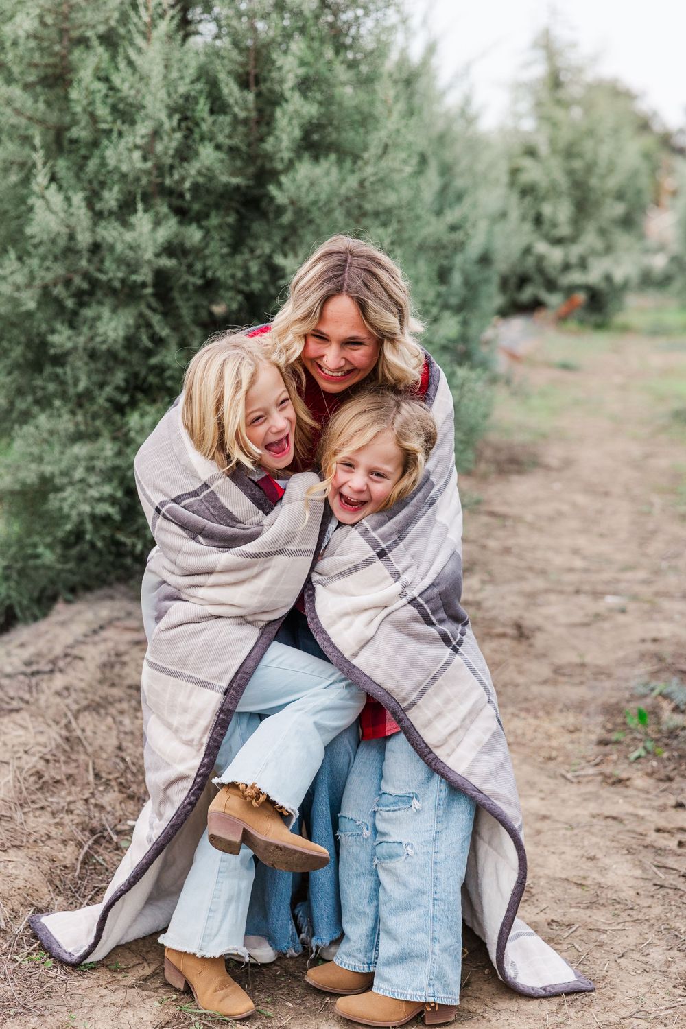 Family wrapped in cozy blanket sharing joyful moments between evergreen trees at tree farm.