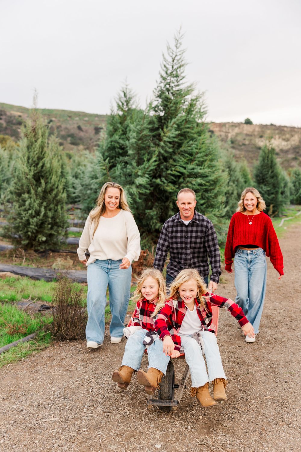 A family poses together on a dirt path at a Christmas tree farm wearing red and plaid holiday outfits.