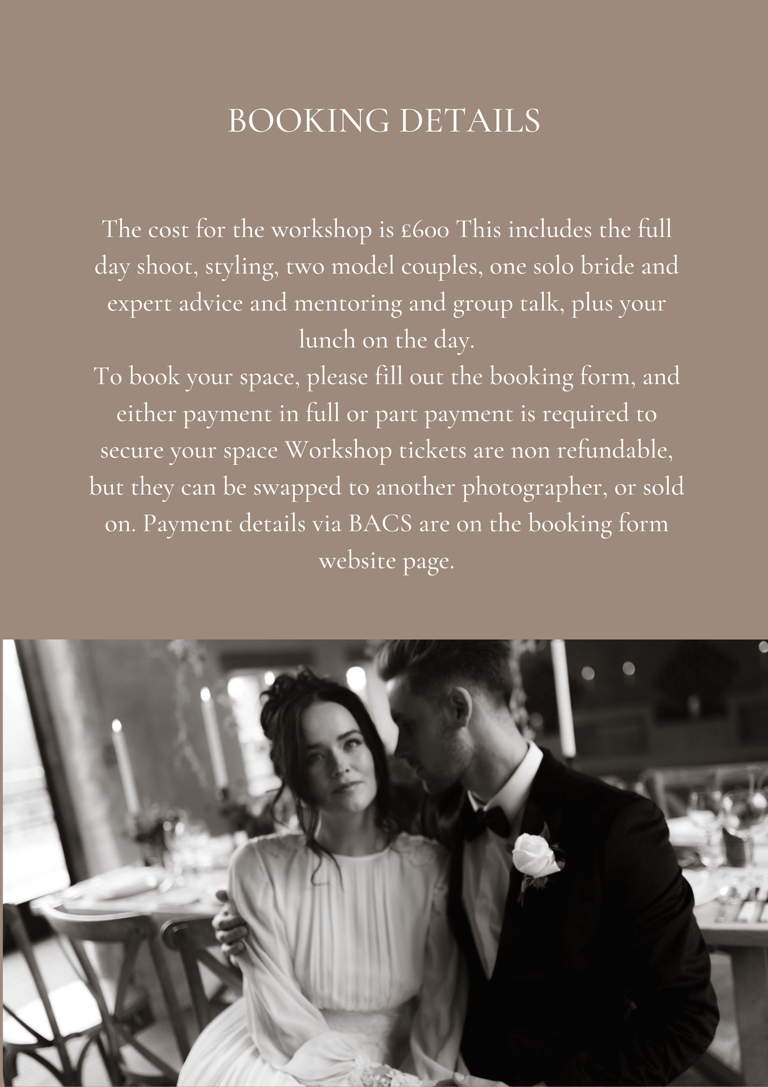 Black and white wedding photography booking details page showing payment information and workshop costs.