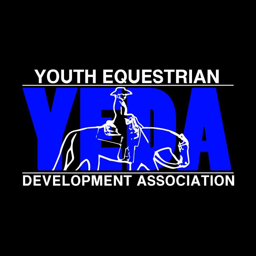 Blue and white YEDA logo design with horse and rider silhouette for Youth Equestrian Development Association.
