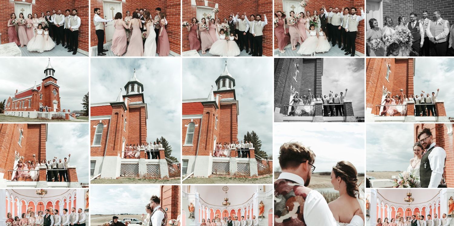 Wedding party group photos outside red brick church with couple kissing under floral arch.