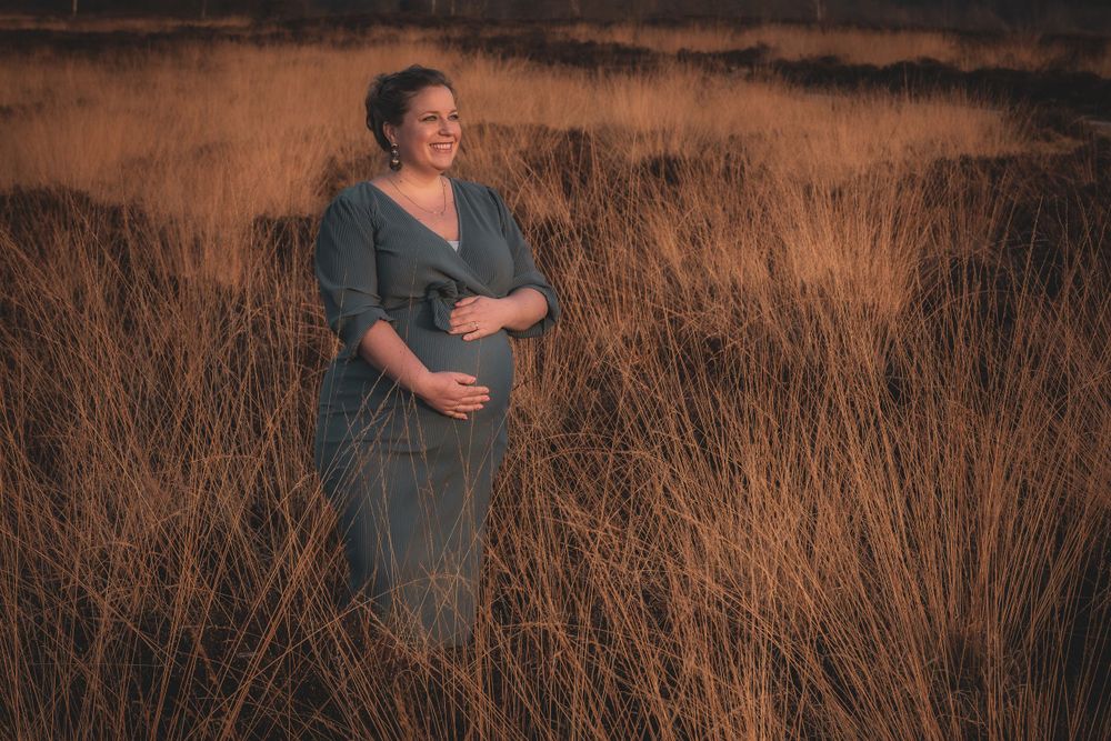 A woman in a blue dress stands serenely amidst golden wheat fields during sunset.