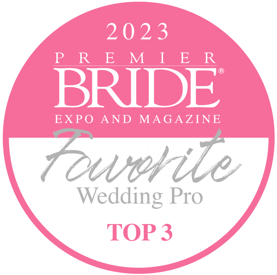 Premier Bride 2023 Favorite Wedding Pro Top 3 award badge in pink and white.