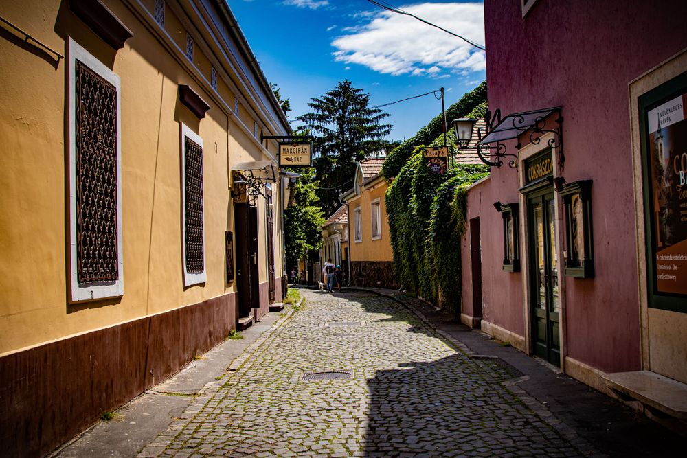 Colorful narrow cobblestone street lined with old buildings in a European town.