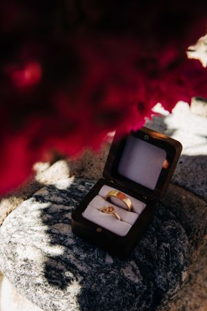 Two gold wedding rings nestled in a small black box resting on a rock with red and white lighting effects in background.