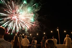 A group of spectators watch colorful fireworks bursting in the night sky with green and pink sparks illuminating the darkness.