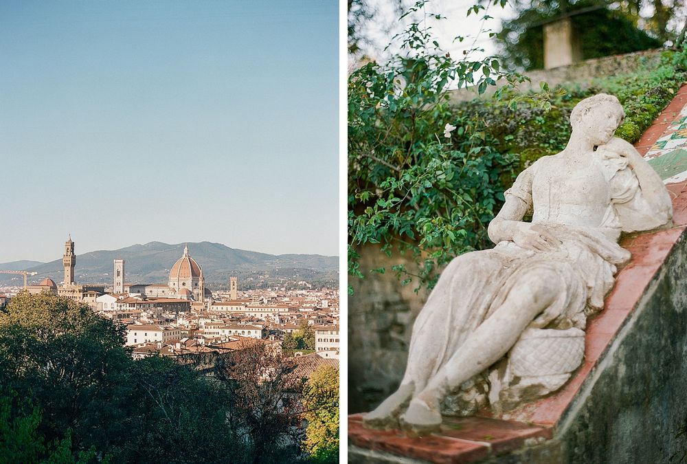 A panoramic view of Florence, Italy's skyline with the Duomo cathedral, paired with a reclining marble statue in a garden.
