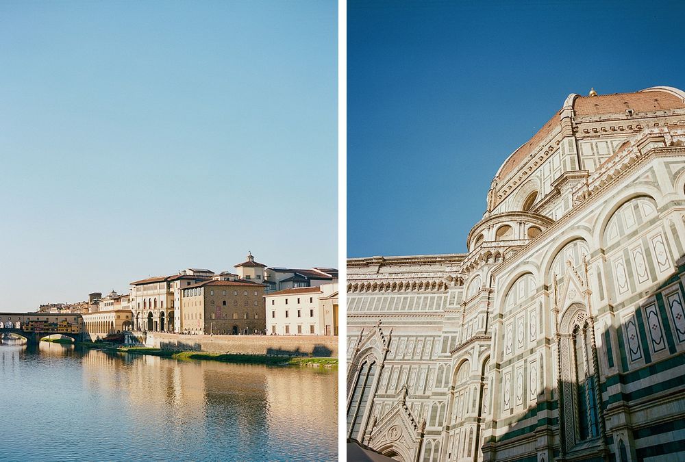 Two views of Florence: the Arno River with historic buildings along its banks and ornate marble facade of Florence Cathedral.