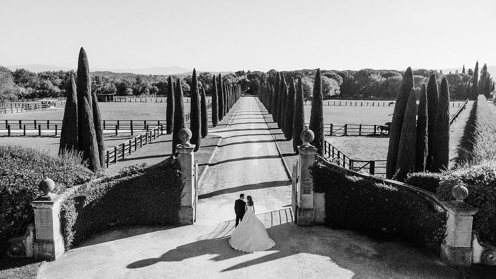 Black and white aerial view of a grand formal garden pathway lined with cypress trees and stone sculptures in Europe.