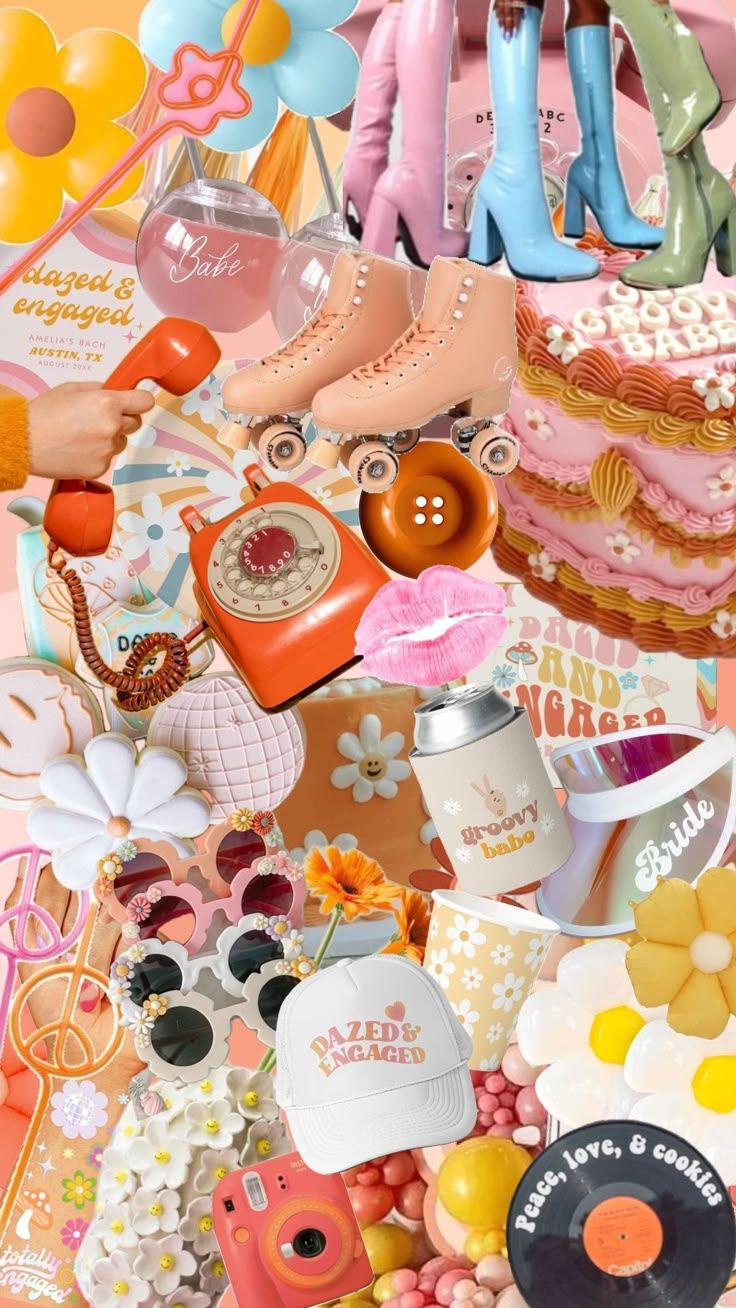 A retro aesthetic flatlay featuring roller skates, vintage phones, records, sunglasses and pastel accessories in pink and yellow tones.