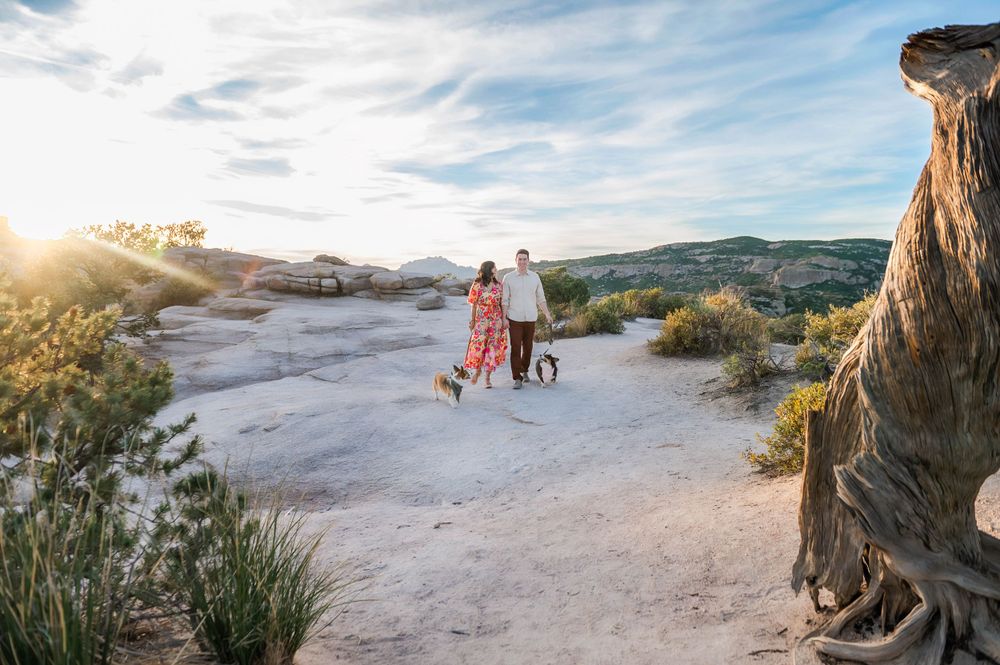 Couple walking dogs on sandy desert trail with golden sunlight and rocky landscape.